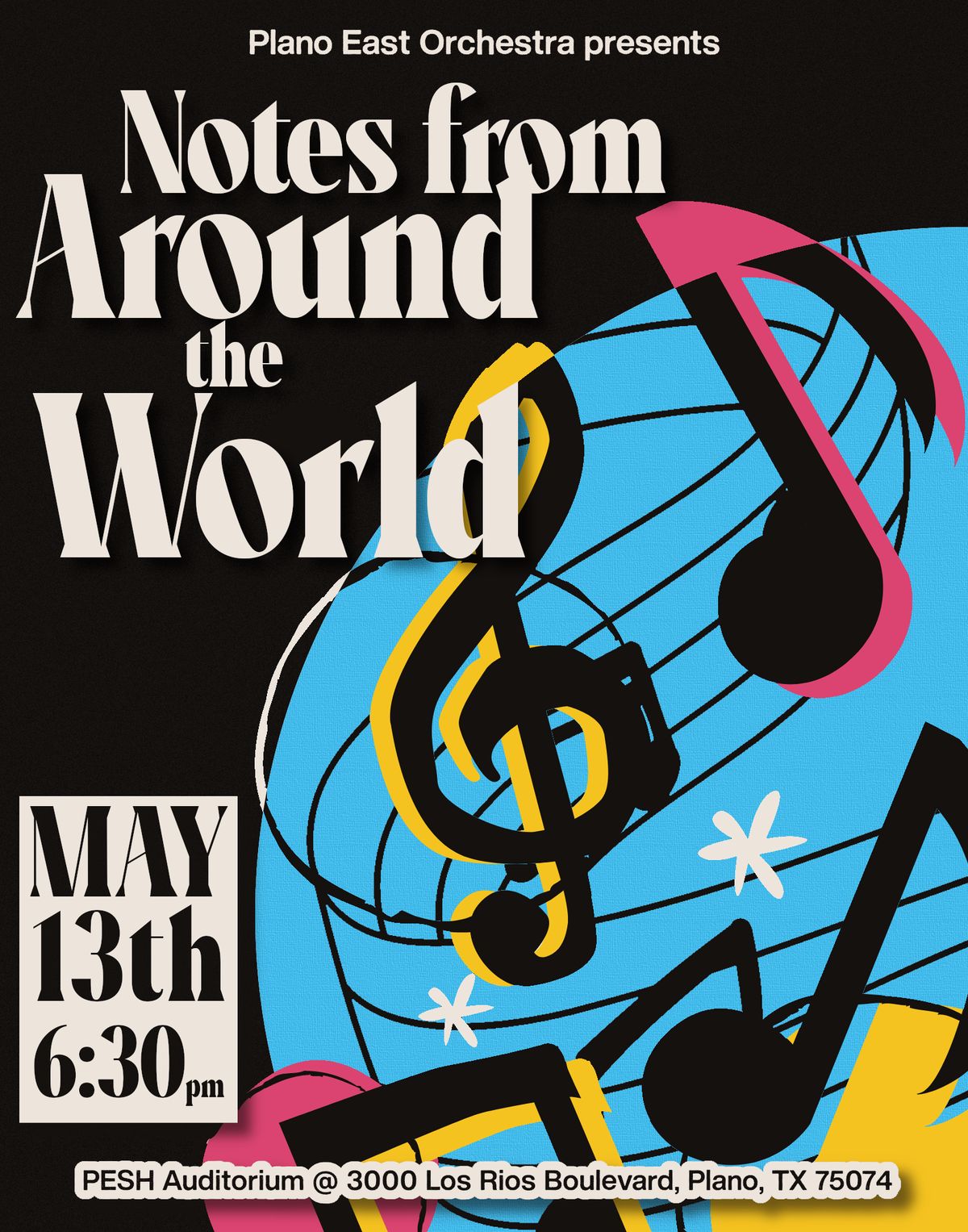 Colorful notes surround Notes from Around the World, the title of a performance presented by the Plano East Orchestra.