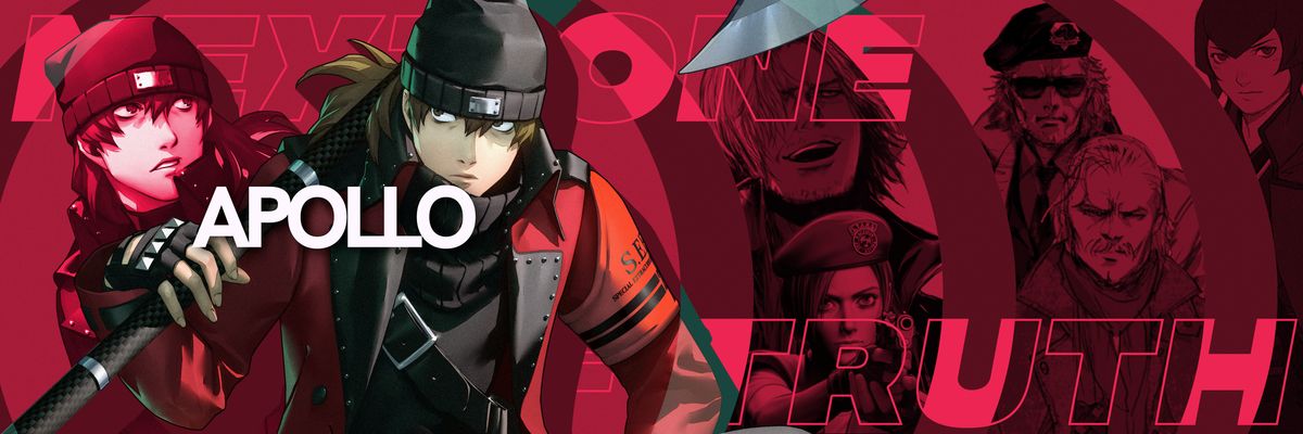 The text Apollo lays atop art of Shinjiro Aragaki surrounded by circular waves filled in with other characters (Dante, Jill, Miller, Ocelot, and Flynn). Next One and Truth text appear on the top and bottom background, respectively.