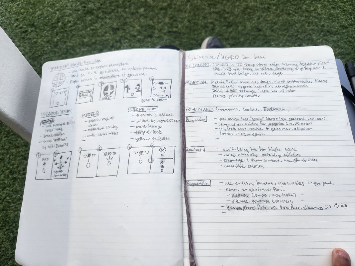 A notebook titled Skiptrace/VGDO Game Jam is open on someone's lap outside in grass.