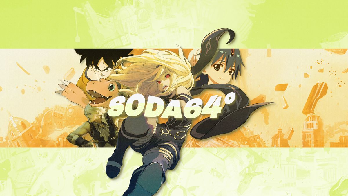 The text Soda64 appears above Kat and a collage of anime and video game characters.