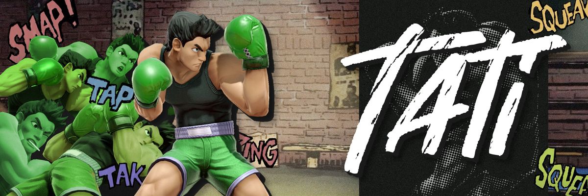 Boxer Little Mac has many afterimages and comic book onomatopoeia while the text Tati displays on the right.